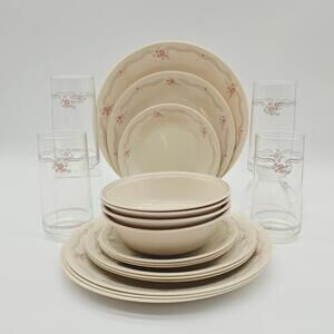Corelle English Breakfast 20-Pc Made In USA 1990's 4 Place Setting W/Glasses